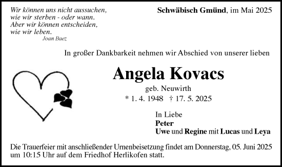 Traueranzeige von Angela Kovacs von Gmünder Tagespost