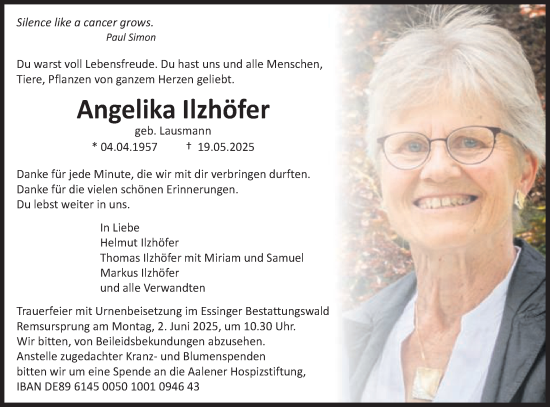 Traueranzeige von Angelika Ilzhöfer von Schwäbische Post