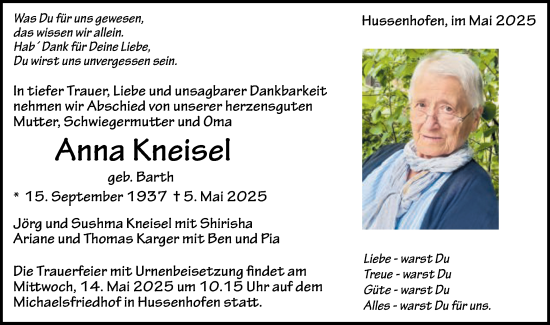 Traueranzeige von Anna Kneisel von Gmünder Tagespost
