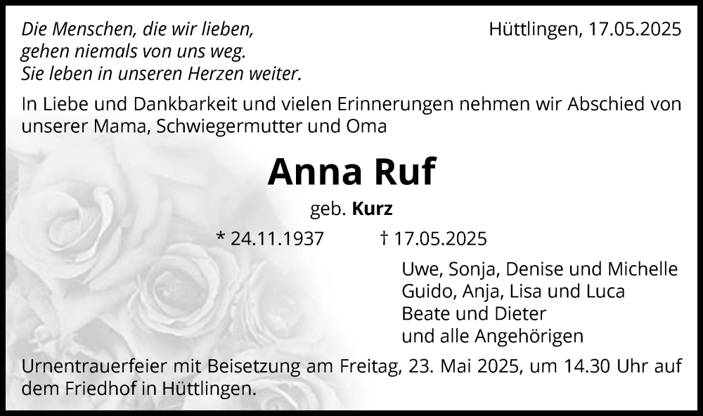  Traueranzeige für Anna Ruf vom 21.05.2025 aus Schwäbische Post
