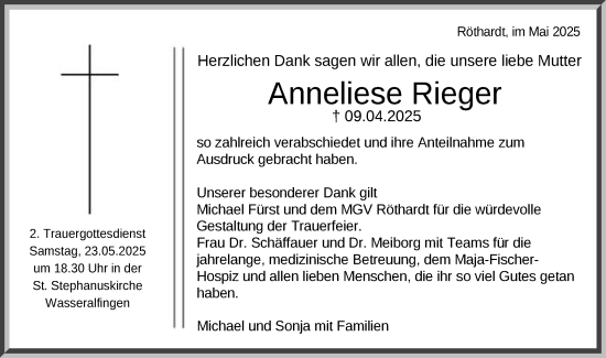 Traueranzeige von Anneliese Rieger von Schwäbische Post