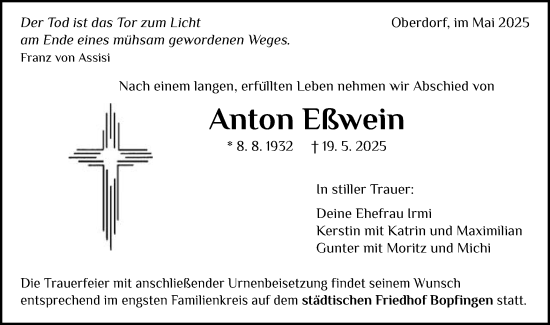 Traueranzeige von Anton Eßwein von Schwäbische Post