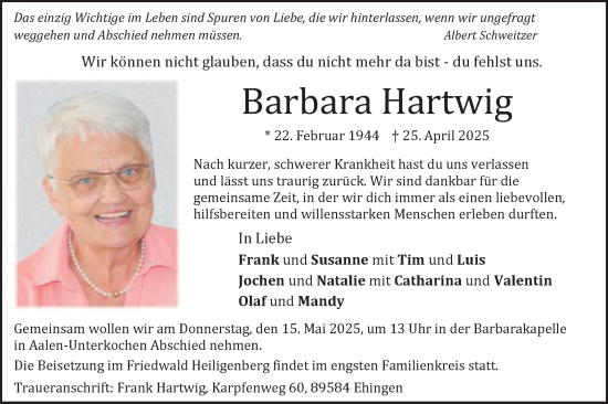 Traueranzeige von Barbara Hartwig von Schwäbische Post