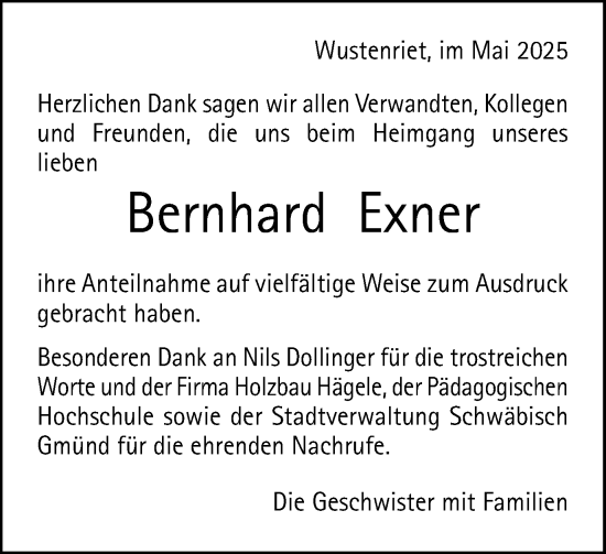 Traueranzeige von Bernhard Exner von Gmünder Tagespost
