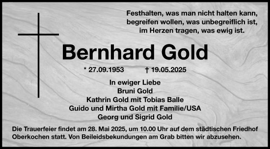 Traueranzeige von Bernhard Gold von Schwäbische Post