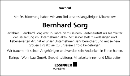 Traueranzeige von Bernhard Sorg von Schwäbische Post
