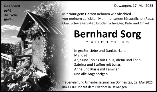 Traueranzeige von Bernhard Sorg von Schwäbische Post