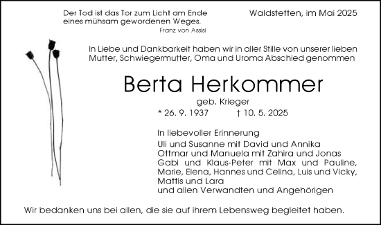 Traueranzeige von Berta Herkommer von Gmünder Tagespost