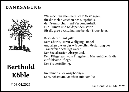 Traueranzeige von Berthold Köble von Schwäbische Post