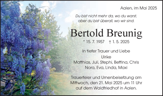 Traueranzeige von Bertold Breunig von Schwäbische Post