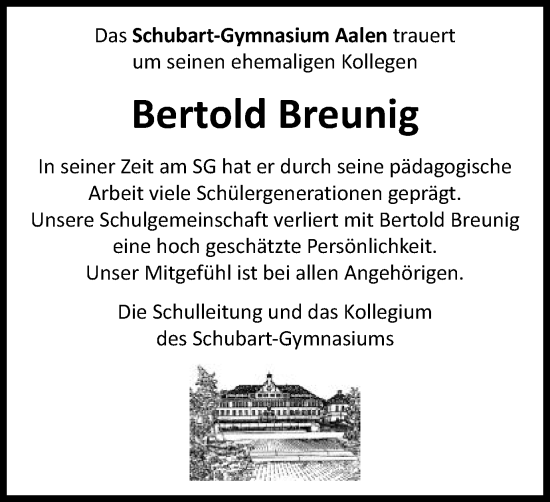 Traueranzeige von Bertold Breunig von Schwäbische Post