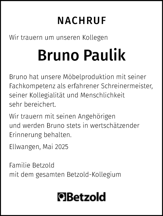 Traueranzeige von Bruno Paulik von Schwäbische Post