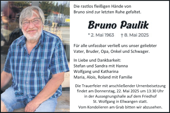 Traueranzeige von Bruno Paulik von Schwäbische Post