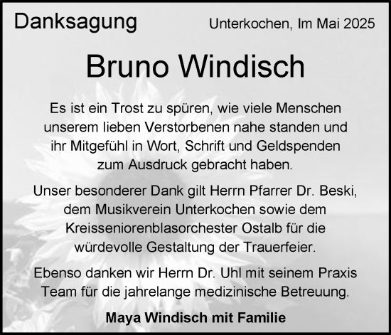 Traueranzeige von Bruno Windisch von Schwäbische Post