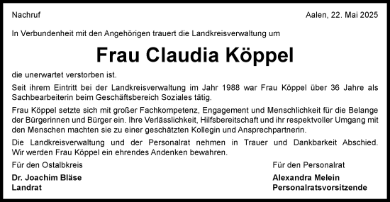 Traueranzeige von Claudia Köppel von Schwäbische Post