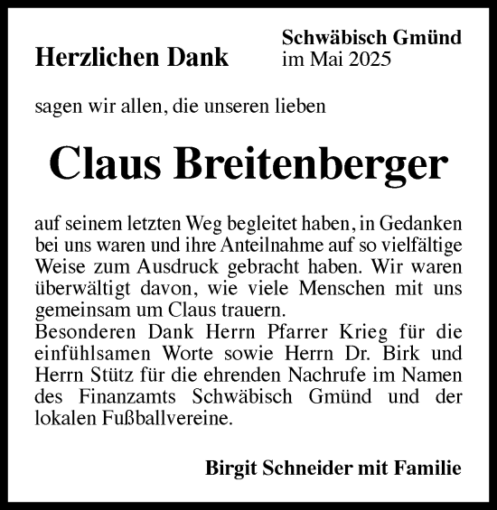 Traueranzeige von Claus Breitenberger von Gmünder Tagespost
