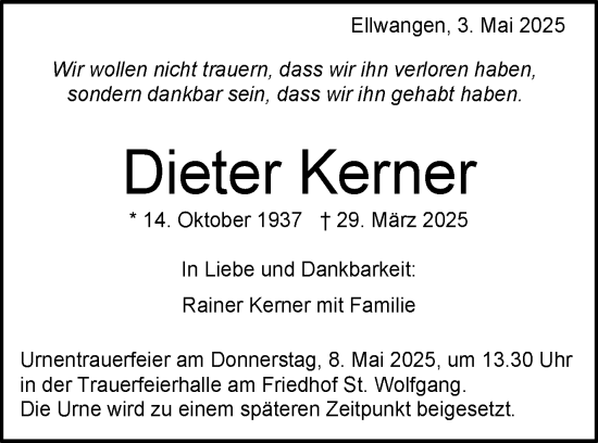 Traueranzeige von Dieter Kerner von Schwäbische Post