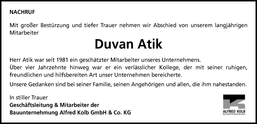 Traueranzeige für Duvan Atik vom 31.05.2025 aus Gmünder Tagespost