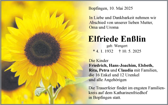 Traueranzeige von Elfriede Enßlin von Schwäbische Post