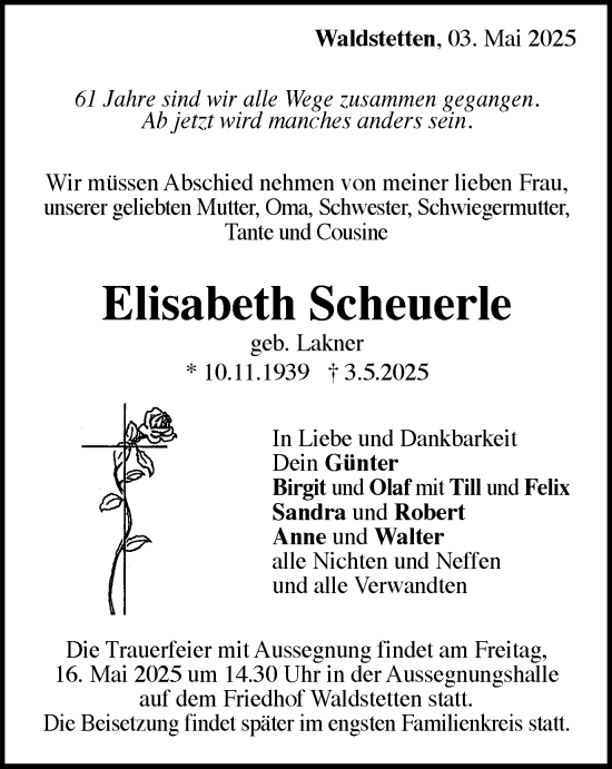 Traueranzeige von Elisabeth Scheuerle von Gmünder Tagespost