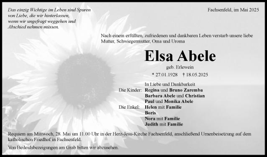 Traueranzeige von Elsa Abele von Schwäbische Post