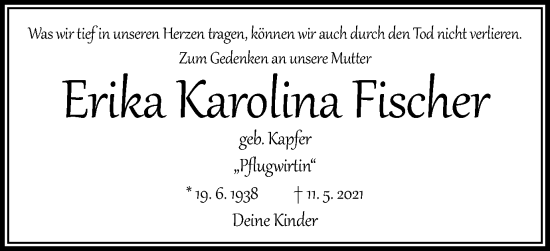 Traueranzeige von Erika Karolina Fischer von Schwäbische Post