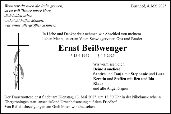 Traueranzeige von Ernst Beißwenger von Gmünder Tagespost