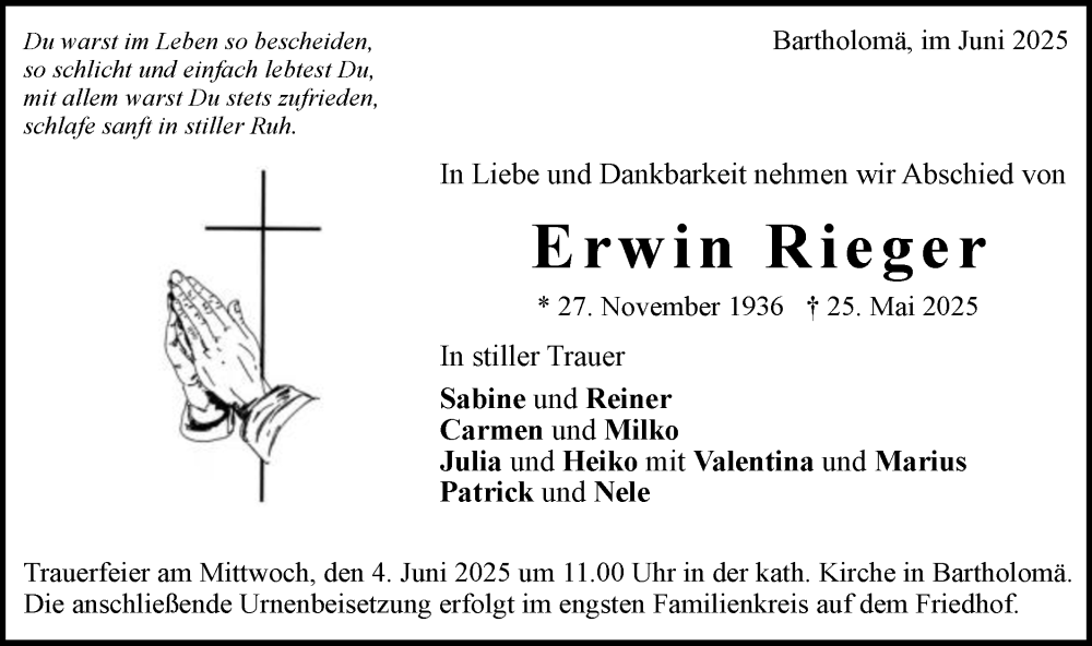  Traueranzeige für Erwin Rieger vom 31.05.2025 aus Gmünder Tagespost