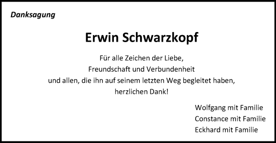 Traueranzeige von Erwin Schwarzkopf von Gmünder Tagespost