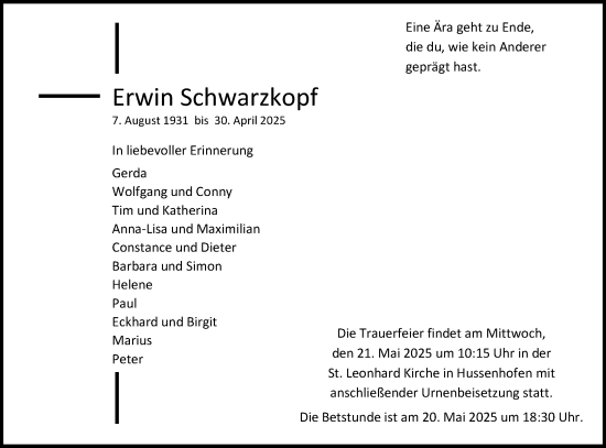 Traueranzeige von Erwin Schwarzkopf von Gmünder Tagespost