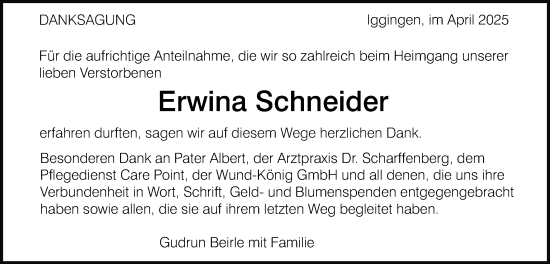 Traueranzeige von Erwina Schneider von Gmünder Tagespost