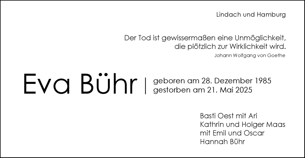  Traueranzeige für Eva Bühr vom 24.05.2025 aus Gmünder Tagespost