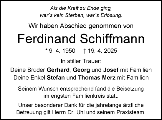 Traueranzeige von Ferdinand Schiffmann von Schwäbische Post