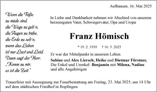 Traueranzeige von Franz Hömisch von Schwäbische Post