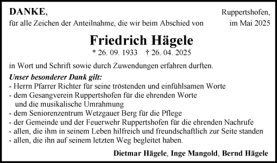 Traueranzeige von Friedrich Hägele von Gmünder Tagespost