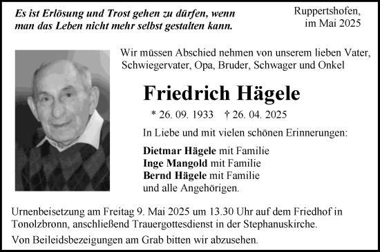 Traueranzeige von Friedrich Hägele von Gmünder Tagespost