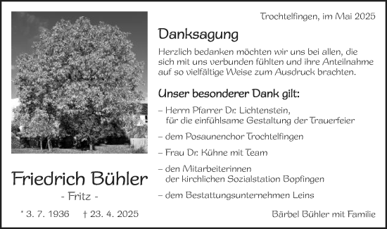 Traueranzeige von Fritz Bühler von Schwäbische Post