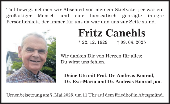 Traueranzeige von Fritz Canehls von Schwäbische Post
