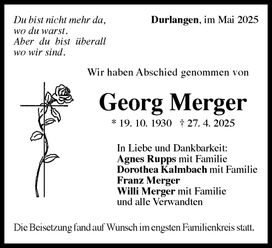 Traueranzeige von Georg Merger von Gmünder Tagespost