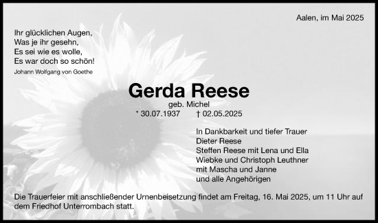 Traueranzeige von Gerda Reese von Schwäbische Post