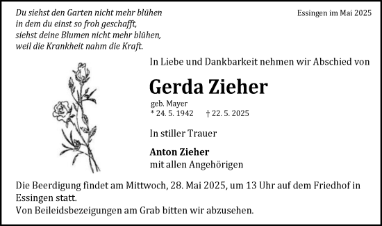 Traueranzeige von Gerda Zieher von Schwäbische Post