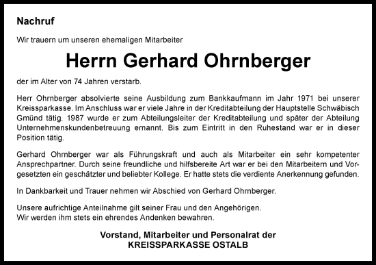 Traueranzeige von Gerhard Ohrnberger von Gmünder Tagespost