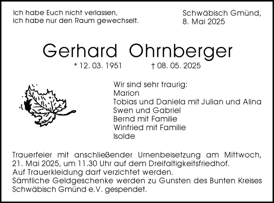 Traueranzeige von Gerhard Ohrnberger von Gmünder Tagespost