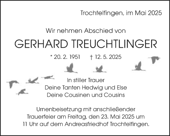 Traueranzeige von Gerhard Treuchtlinger von Schwäbische Post
