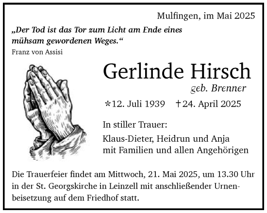 Traueranzeige von Gerlinde Hirsch von Gmünder Tagespost