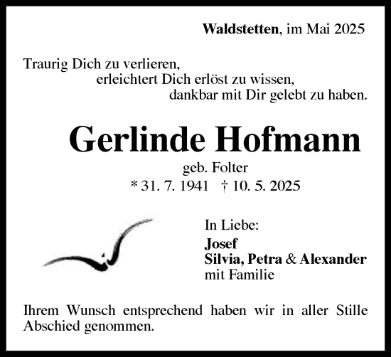 Traueranzeige von Gerlinde Hofmann von Gmünder Tagespost