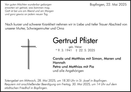 Traueranzeige von Gertrud Pfister von Schwäbische Post