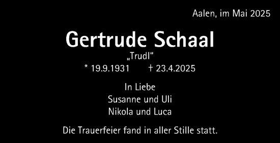 Traueranzeige von Gertrude Schaal von Schwäbische Post