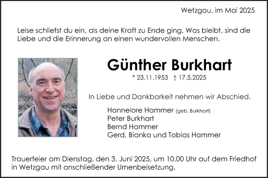 Traueranzeige von Günther Burkhart von Gmünder Tagespost