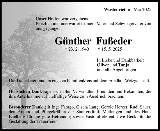 Traueranzeige von Günther Fußeder von Gmünder Tagespost